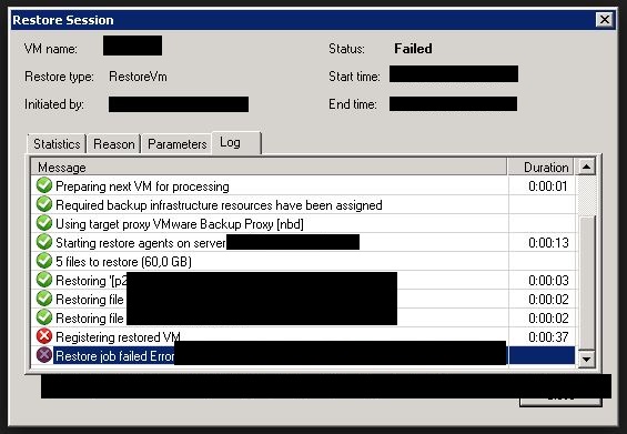 Veeam : Client error: Cannot allocate memory for an array